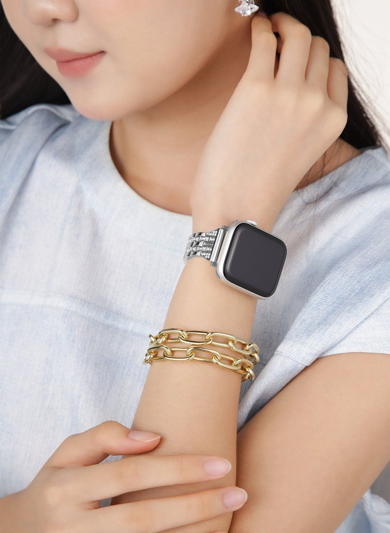 Luxury Silver Crystal Stainless Steel Apple Watch Band 42mm/44mm/45mm/49mm – Polished Bracelet Strap with Natural Crystals, Adjustable & Elegant - Image 4